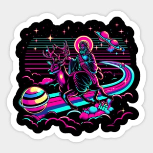 COOL JESUS RIDING RAINDEER RAINBOW RETRO 80'S NEON VIBE Sticker